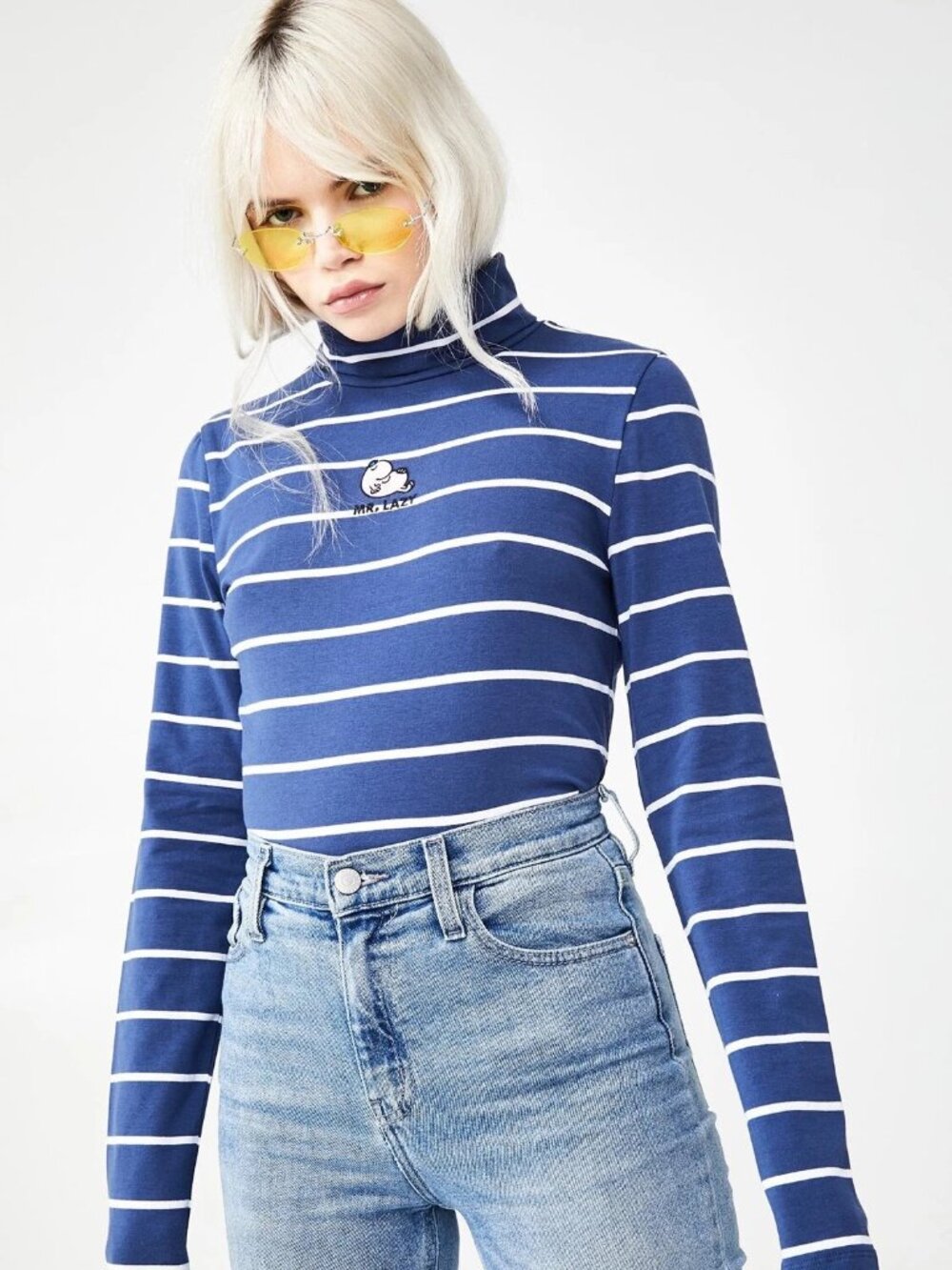 Lazy Oaf Women's  Mr. Lazy Blue & White Striped Stretch Turtleneck Size 16